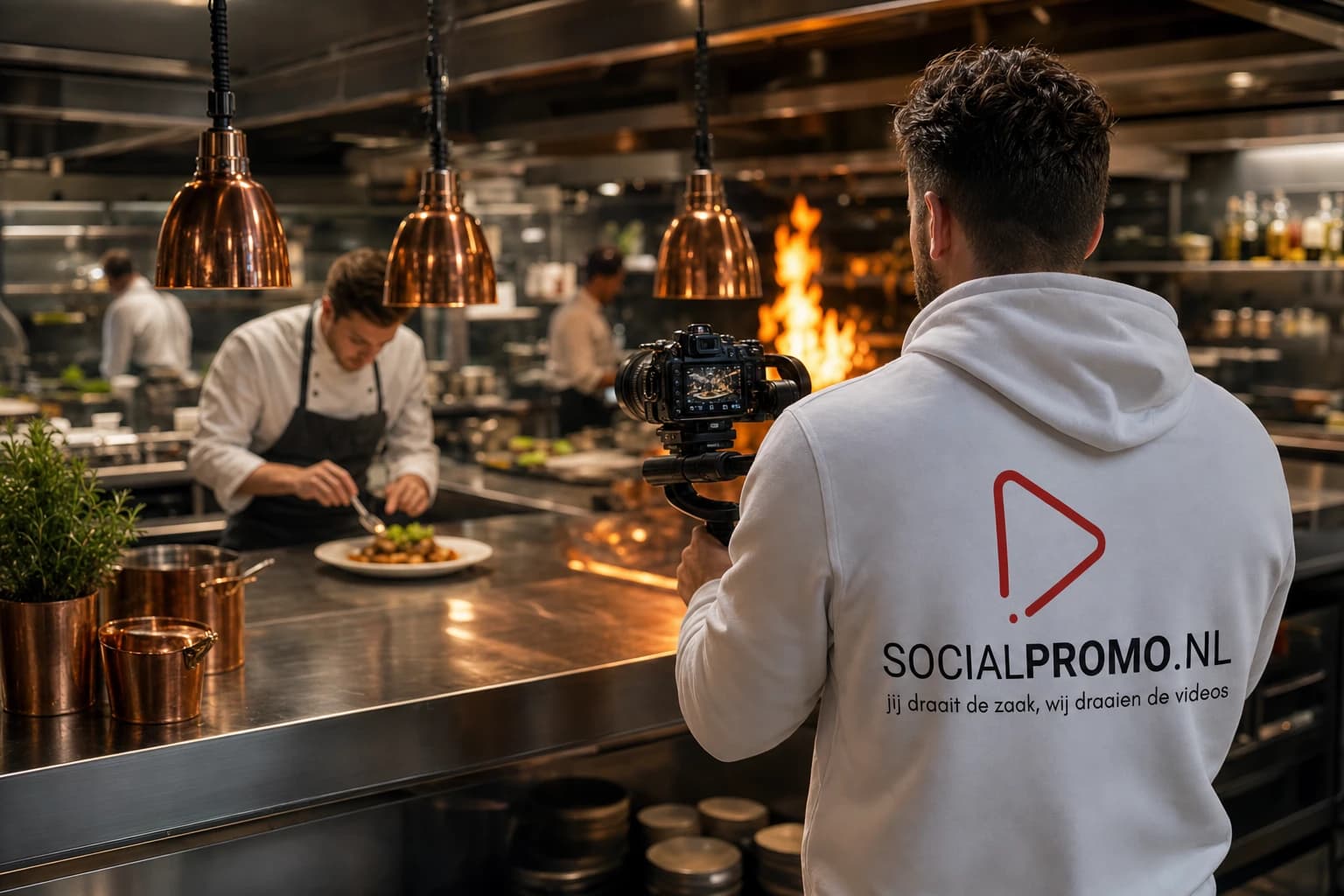 Social Promo videograaf filmt koks in een restaurantkeuken