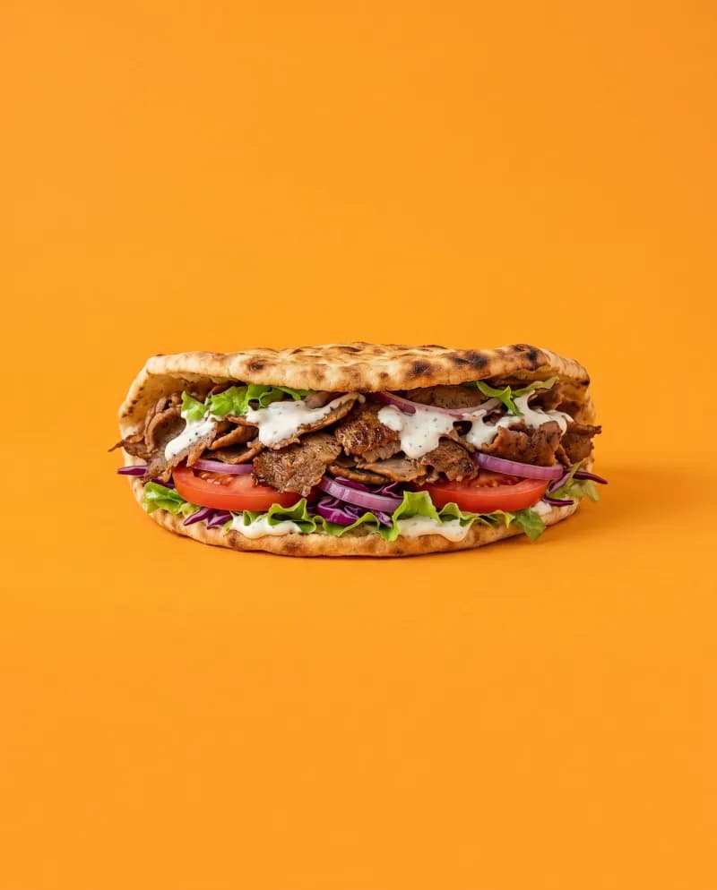 Broodje döner kebab met sla, tomaat, rode ui en knoflooksaus op een oranje achtergrond