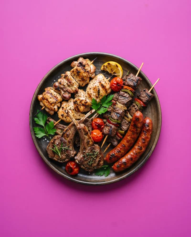 Gemengde grillschotel met kipspiesjes, lamskoteletten, spiesen en worst op een roze achtergrond