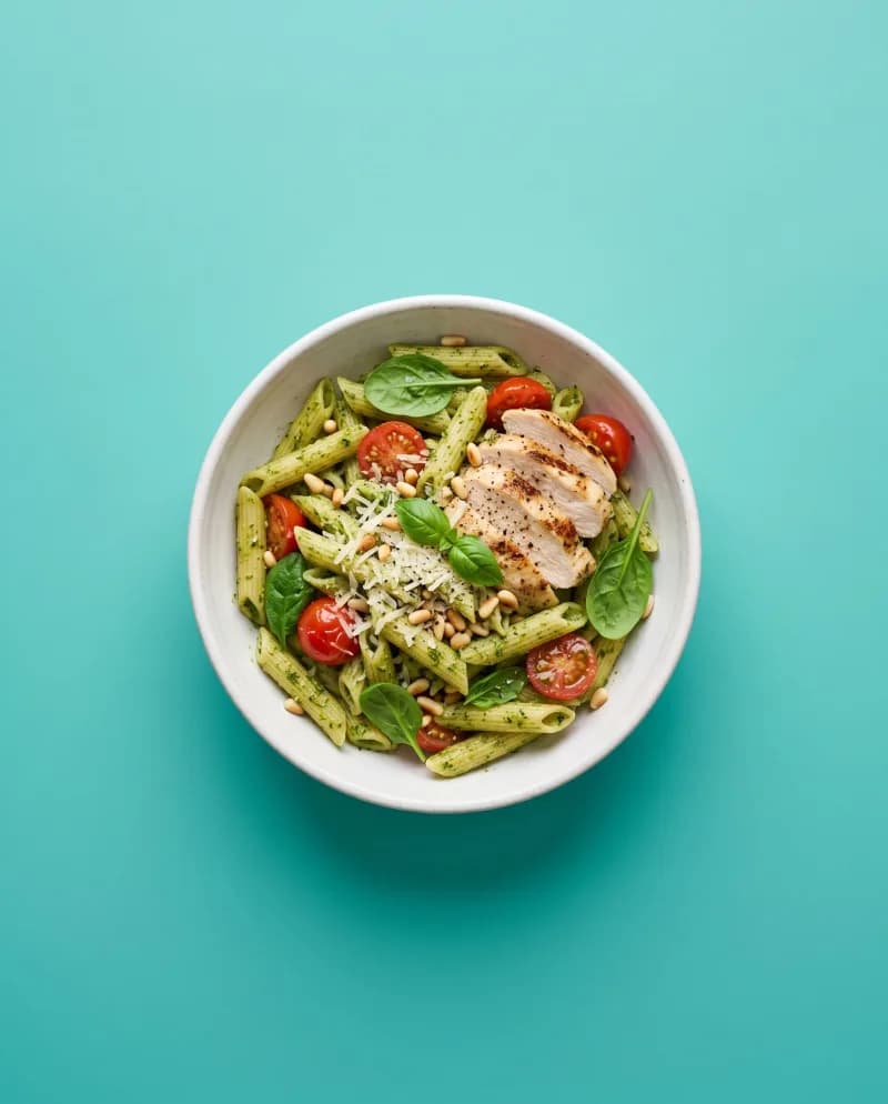 Pennepasta met pesto, gegrilde kip, kerstomaten en pijnboompitten op een turquoise achtergrond